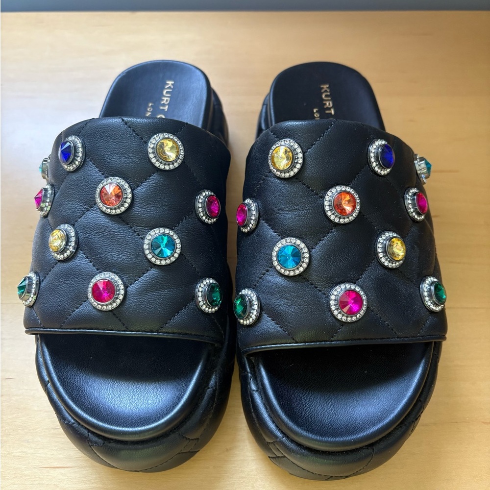 Kurt Geiger Black Quilted Platform Sandals with Jewel Accents NWOB